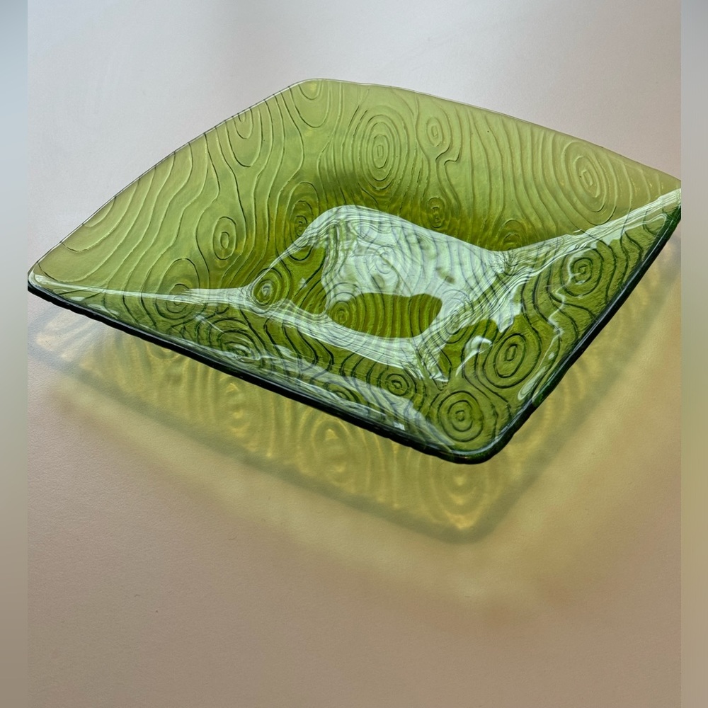 Vintage Green Glass  Swirls Decorative Square Platter 9.5in